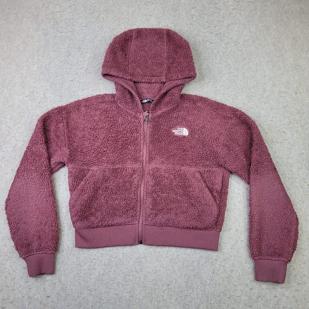 The North Face Sherpa Fleece Full Zip Hoodie Girls L Red Jacket‎ Hooded Cropped